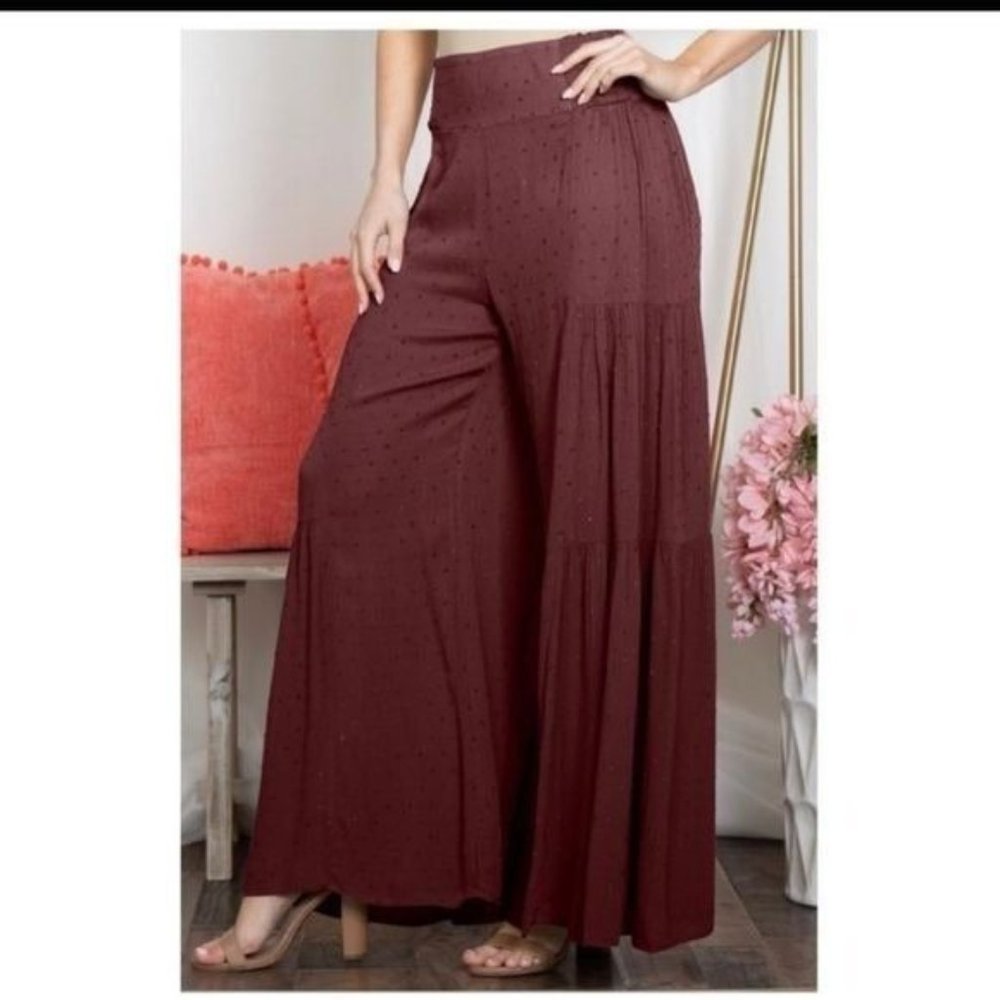 🧡6/$25🧡DARK PLUM HIGH WAIST SWISS DOT PALAZZO PANTS-NEW - Picture 3 of 5